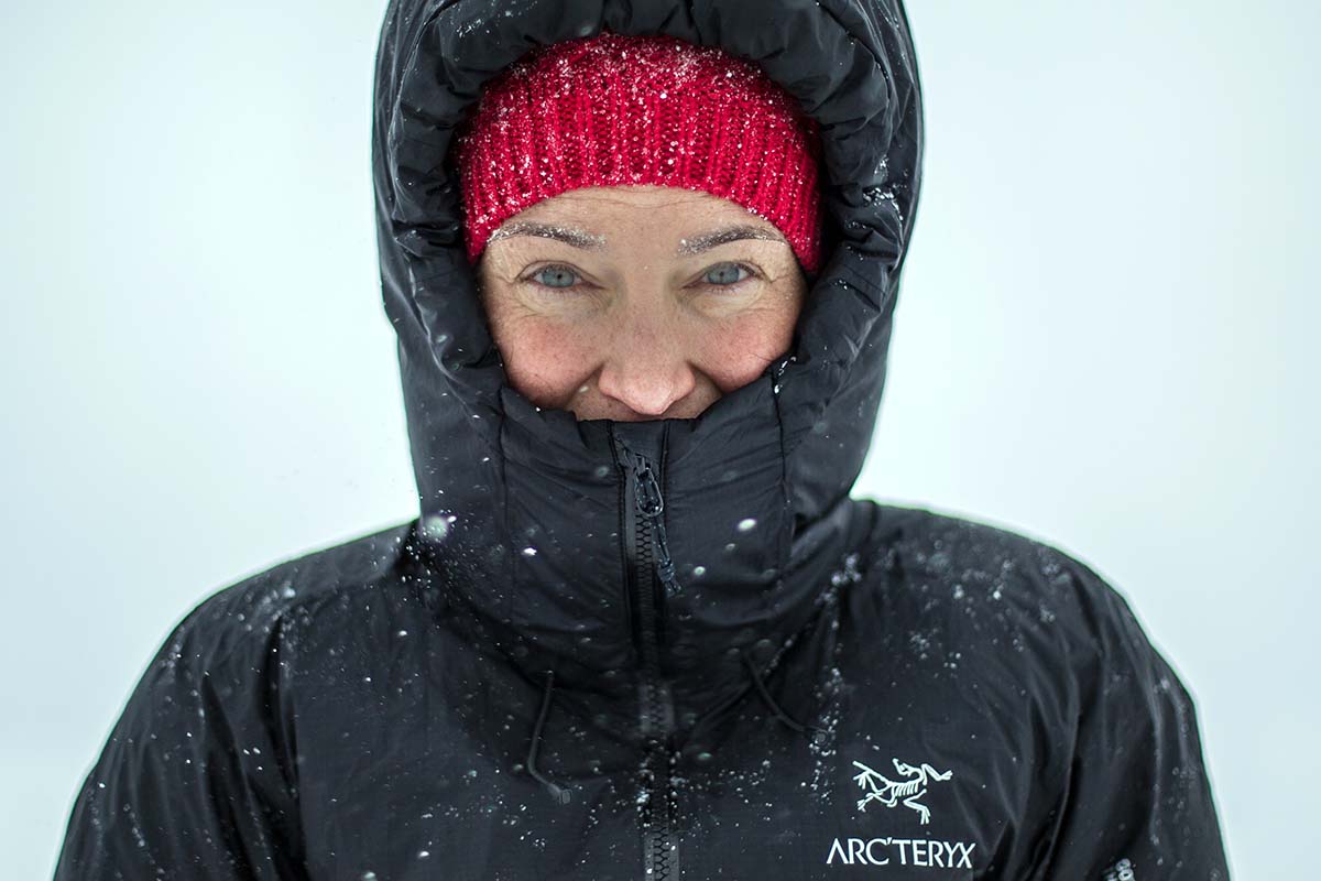 Arc'teryx Firebee down jacket (wearing hood in snow)